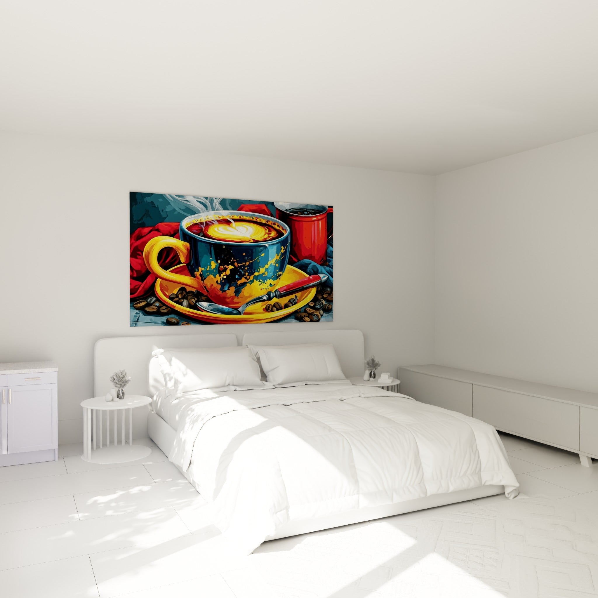 Cœur crémeux sur fond bleu marine et jaune vif, tableau café accroché au-dessus d'un lit dans une chambre claire