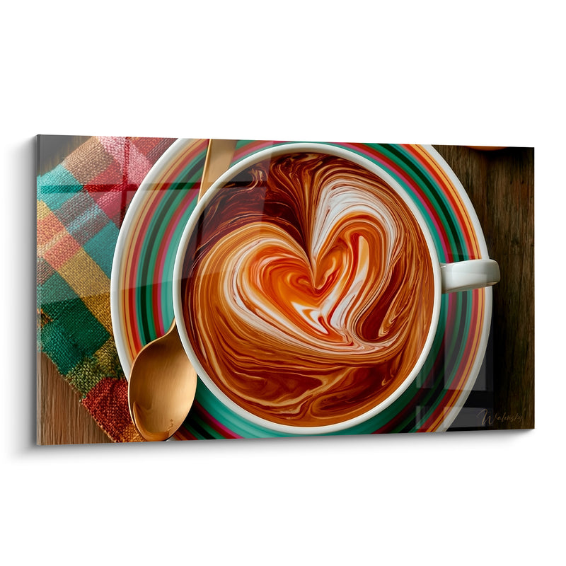 Tableau Tasse blanche et verte au cœur tourbillonnant - Serviette écossaise et cuillère dorée - Edition Café