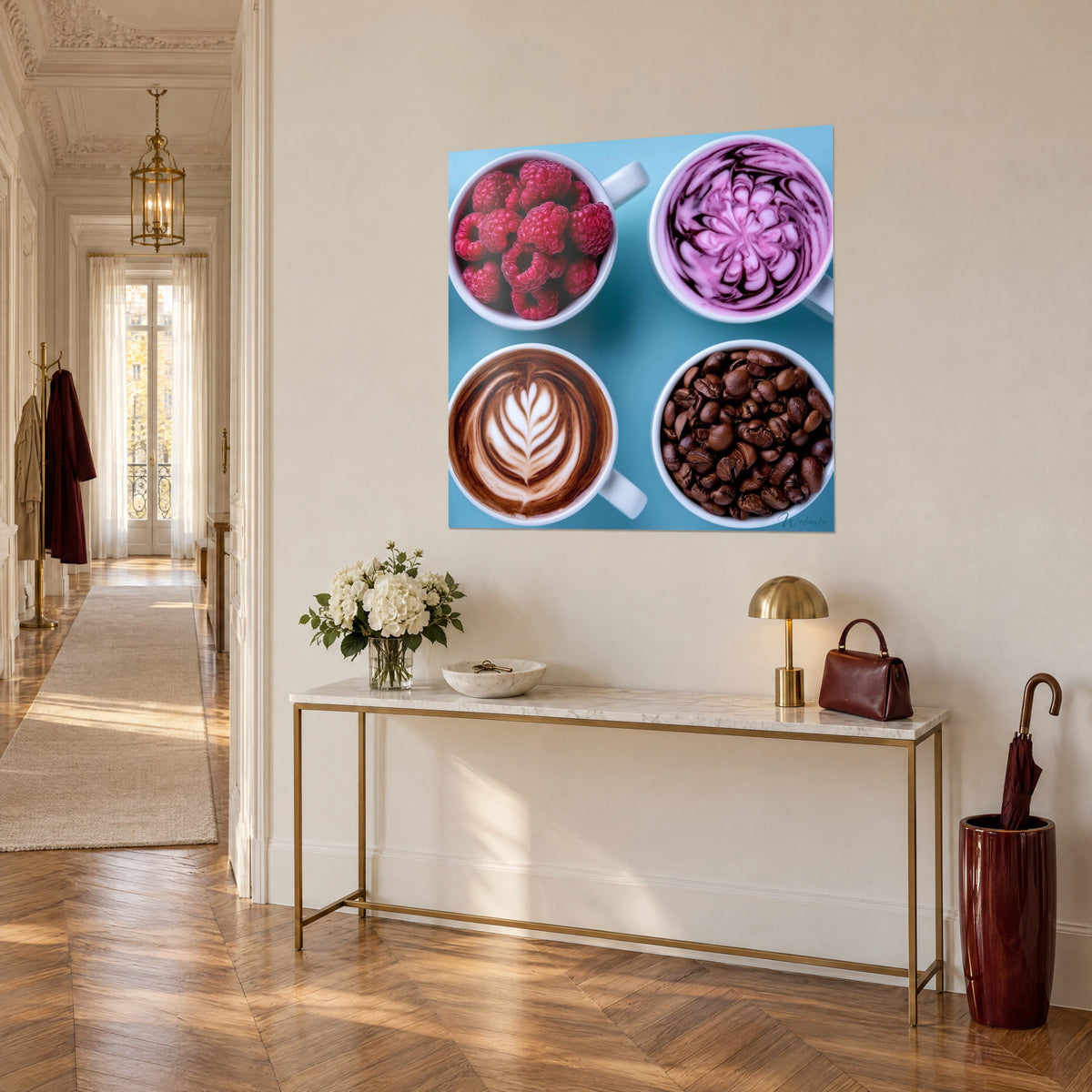 Wall art overhead coffee composition, cream latte art and crimson raspberries on turquoise, hung on a beige Haussmann-style wall
