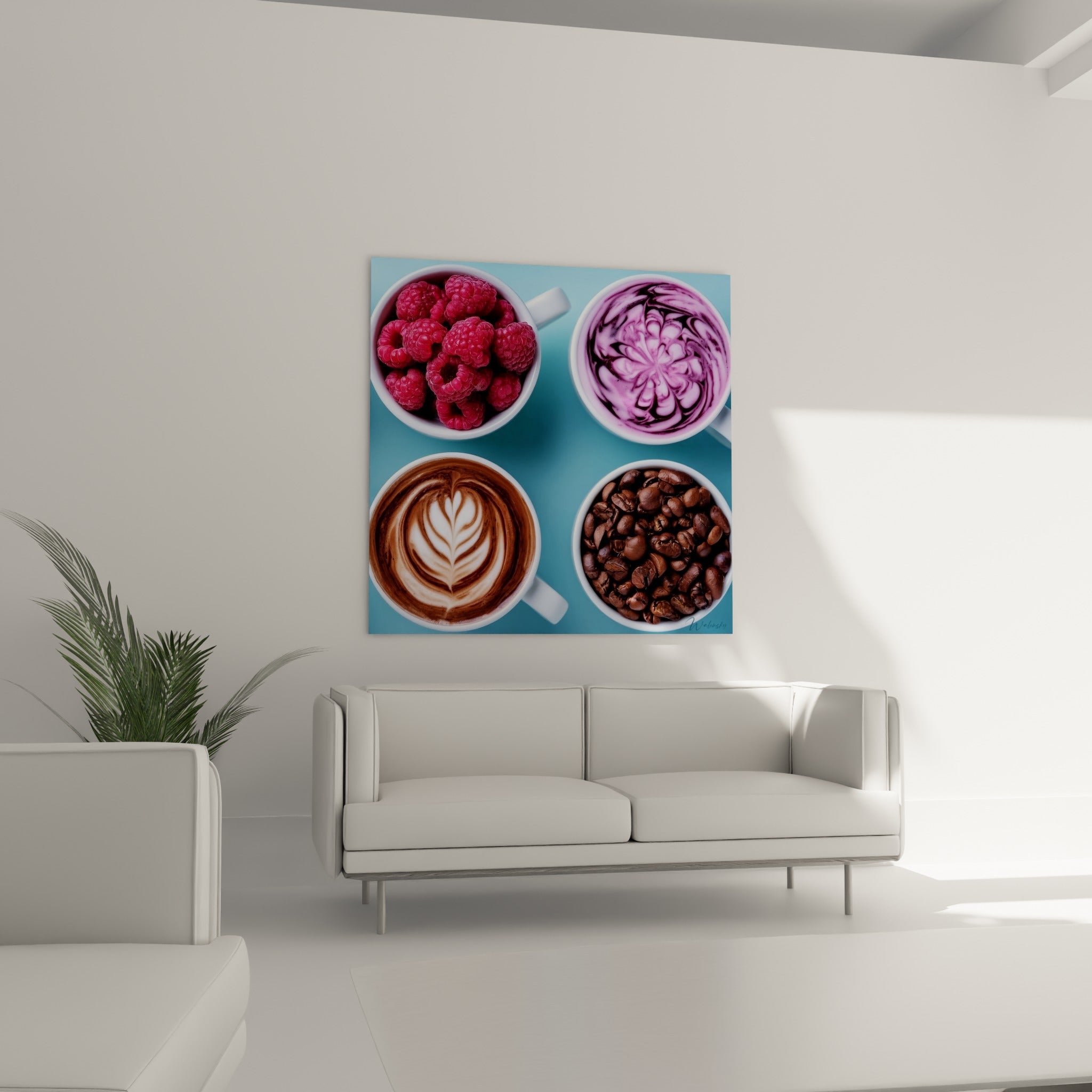 Tasses blanches aux motifs café brun et rose fuchsia surplombent un canapé dans un salon lumineux