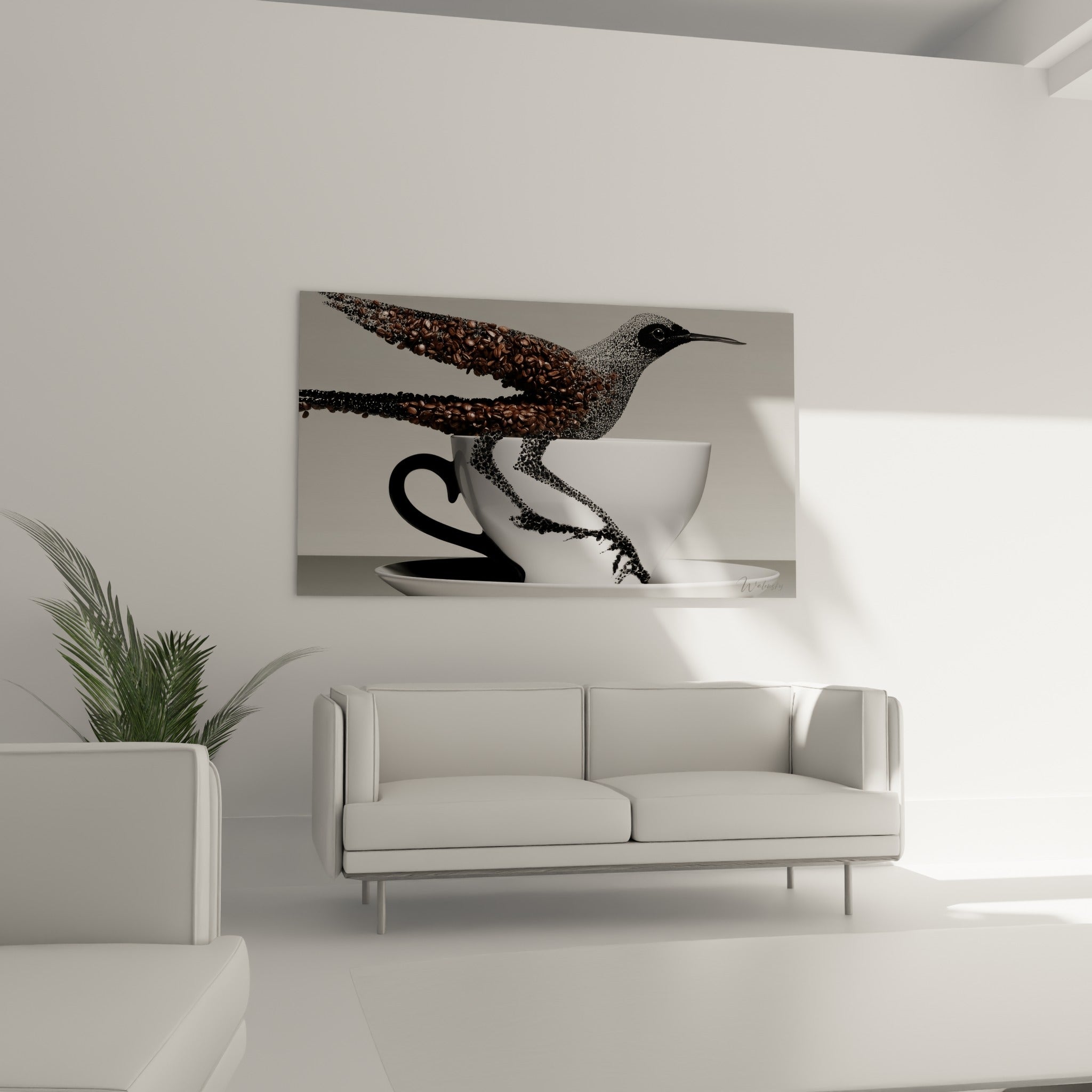 Silhouette de colibri brun et blanc en grains torréfiés, au-dessus d'un canapé dans un salon lumineux