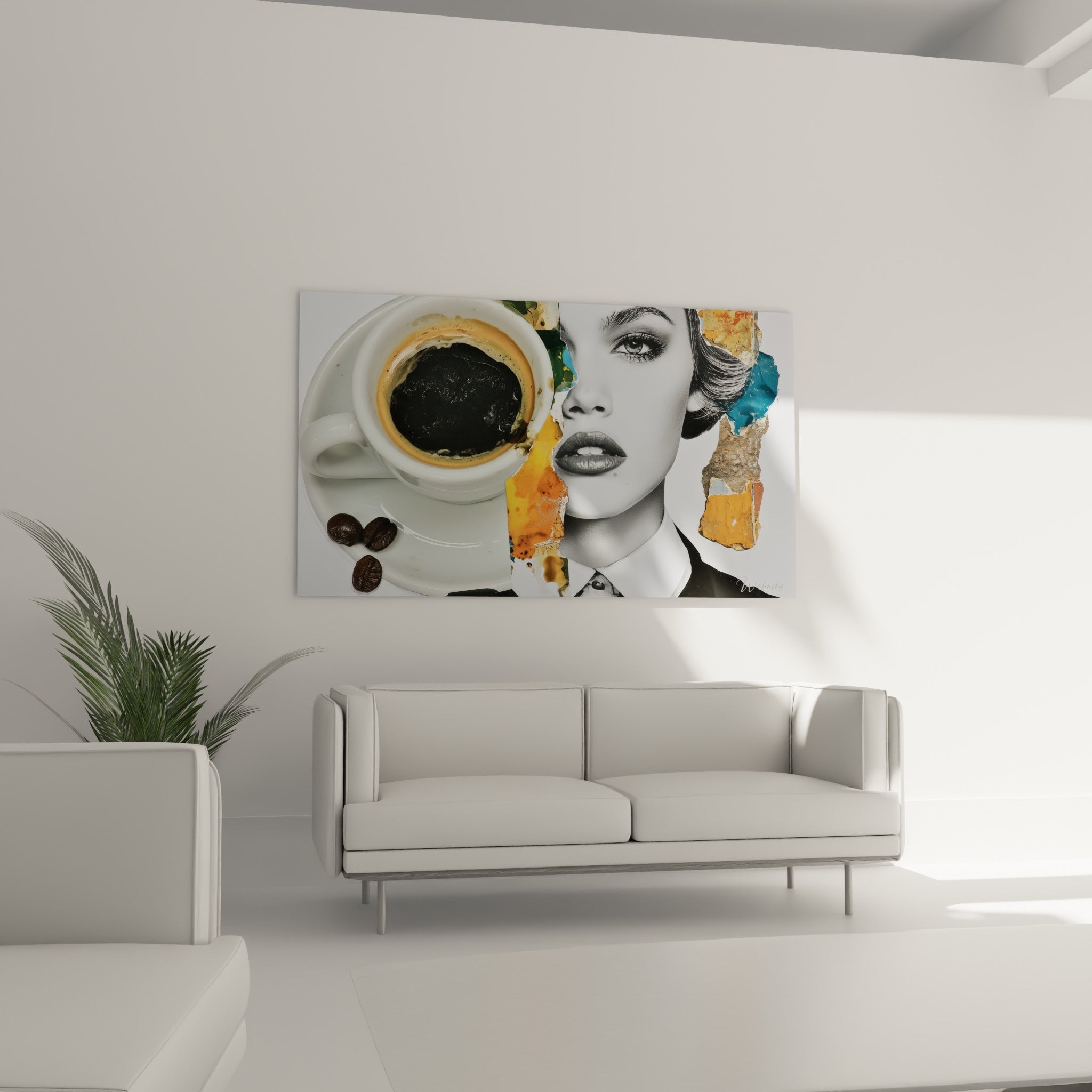 Tasse fumante et visage noir et blanc au-dessus d'un canapé dans un salon lumineux
