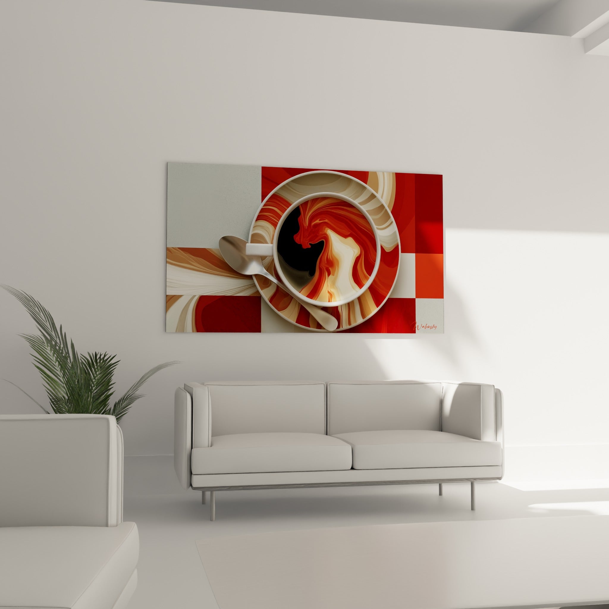Composition en damier rouge et gris avec tasse blanche marbrée, au-dessus d'un canapé dans un salon lumineux