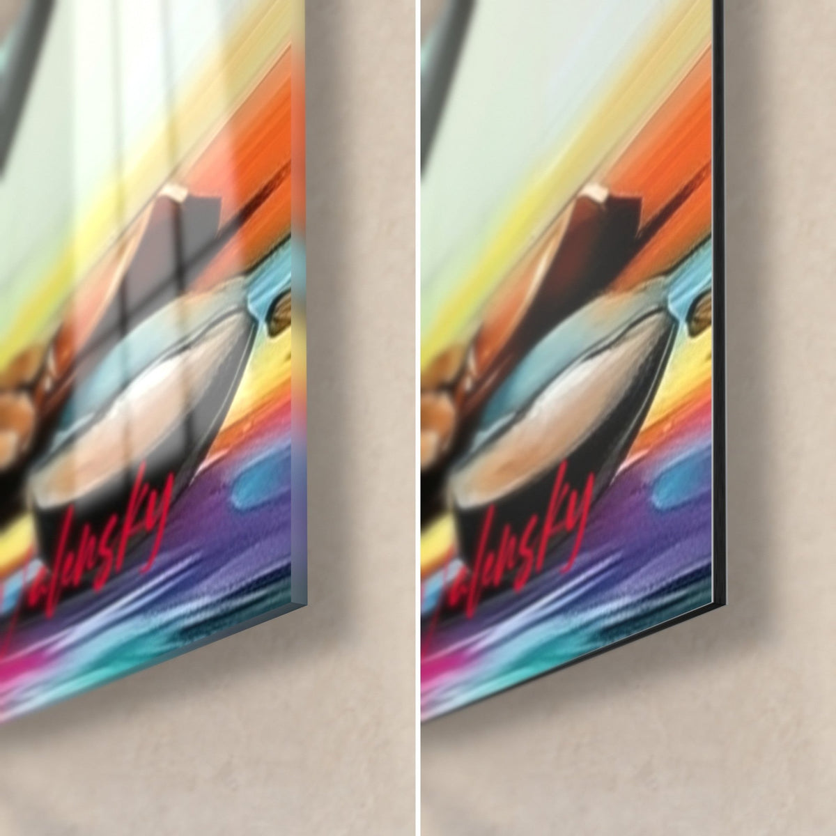 Quadro tazza di caffè con colature arcobaleno, angolo in basso a destra in vetro lucido e alluminio Dibond opaco, spessore di 3 mm visibile