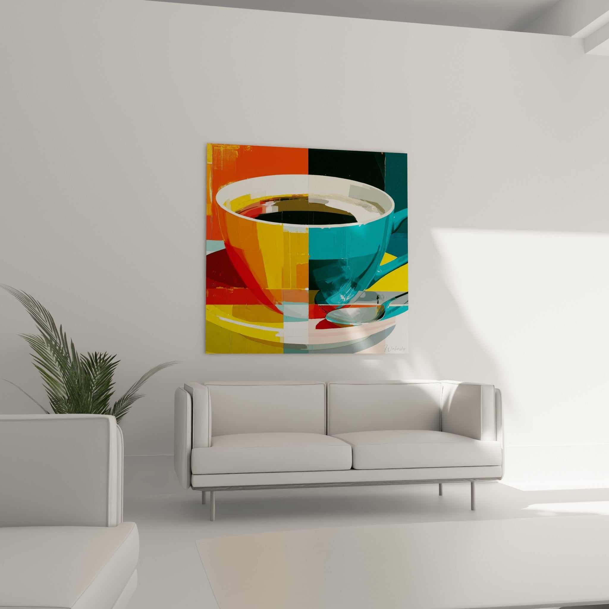 Tasse fragmentée jaune et bleu profond avec cuillère argentée au-dessus d'un canapé dans un salon lumineux