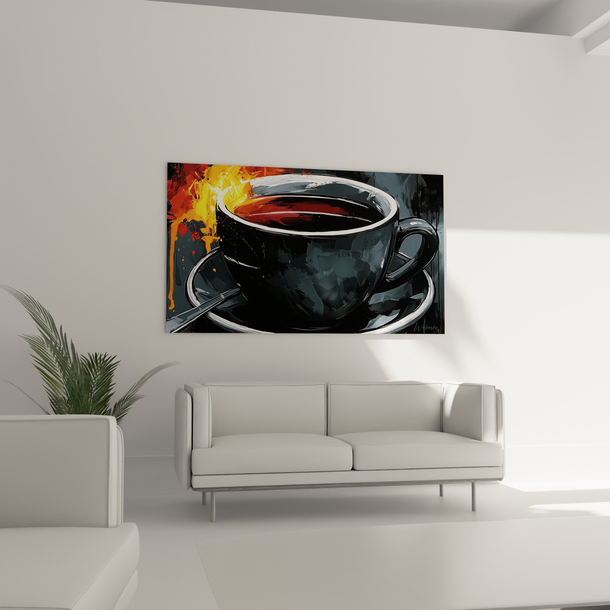 Tasse anthracite et cuillère argentée surplombant un canapé dans un salon lumineux