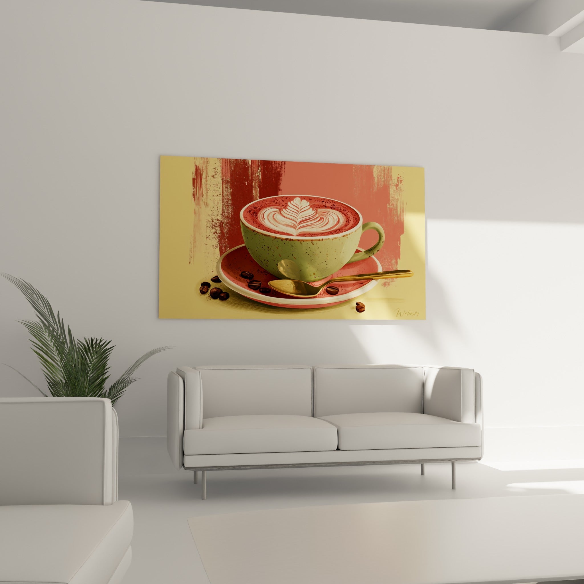 Cappuccino corail et vert avec cuillère dorée, affiché au-dessus d'un canapé dans un salon lumineux