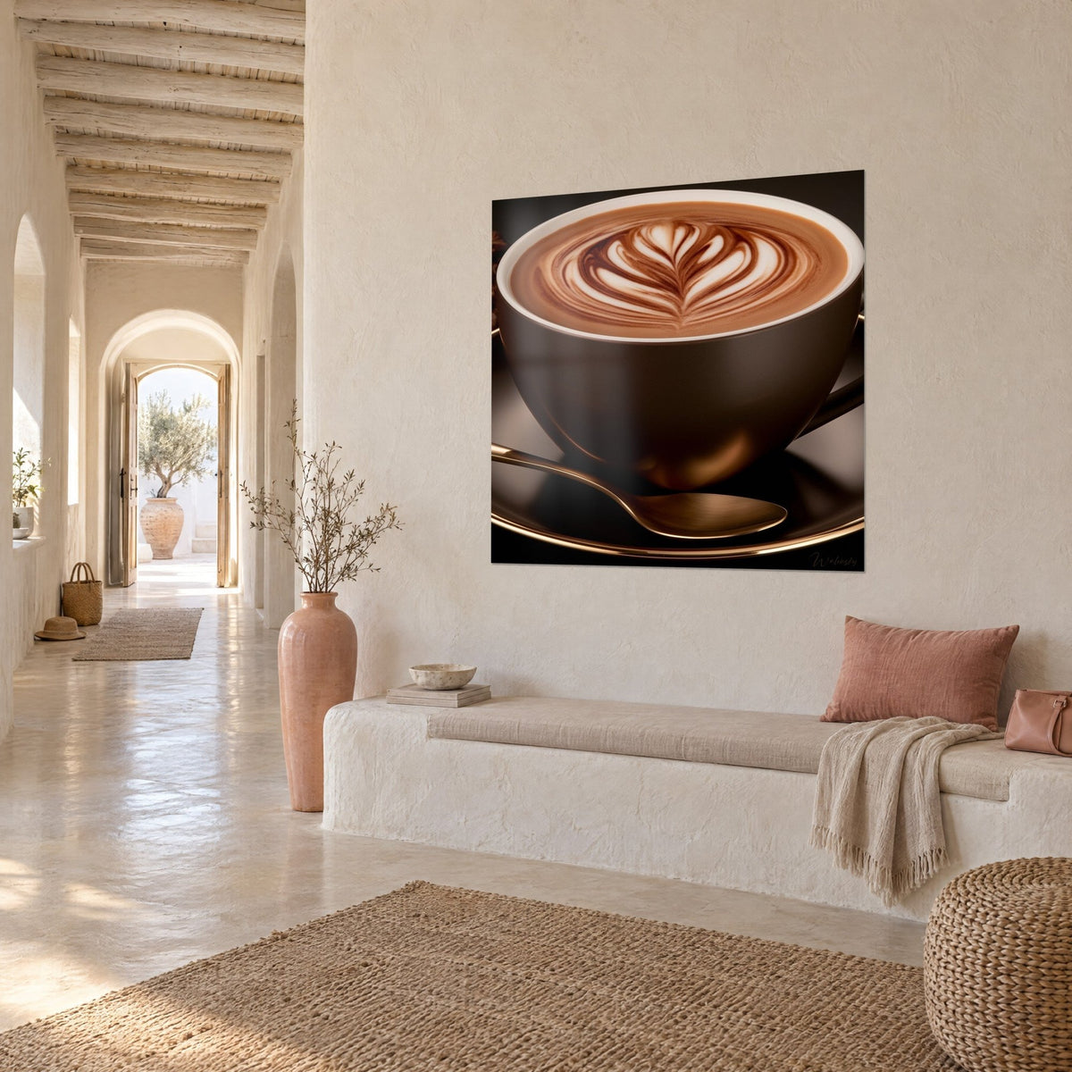 Quadro tazza di caffè con schiuma marrone e bianca, piattino di rame lucido, appeso in fondo a un corridoio a volta mediterraneo