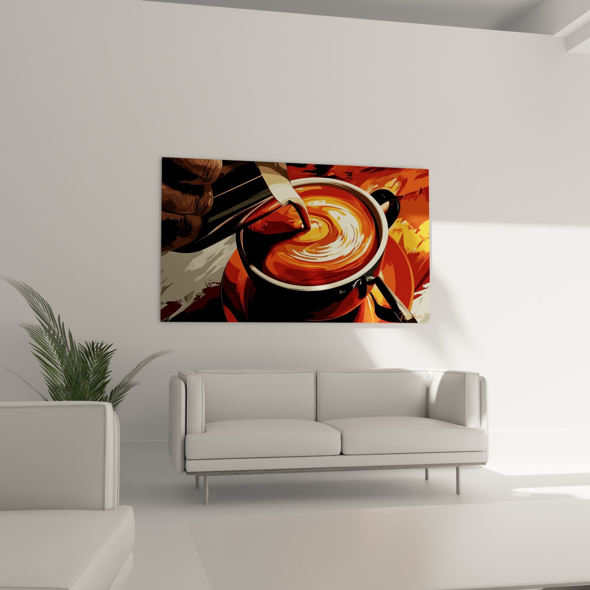 Cuillère et soucoupe brune près de la tasse fumante au-dessus d'un canapé dans un salon lumineux