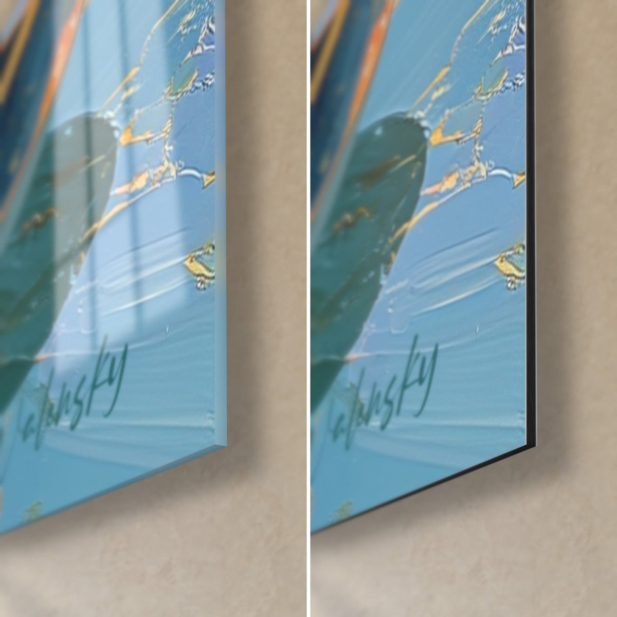 Wall art five coffee cups, bottom right corner: glossy sky blue and gold acrylic glass, 3 mm thick, matte black Dibond
