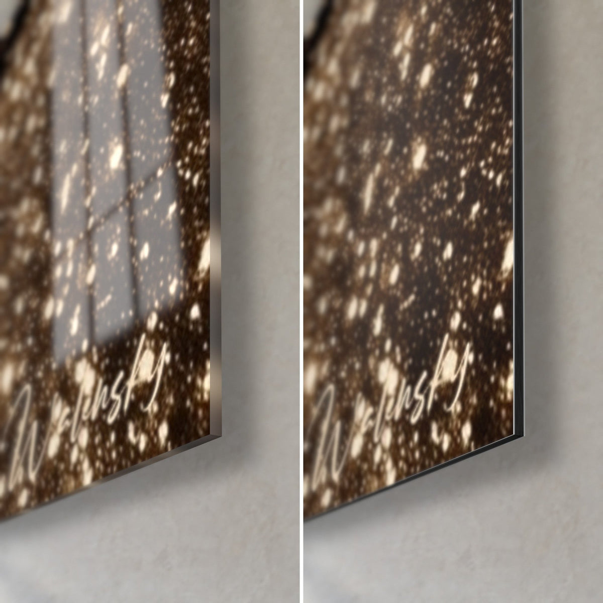 Quadro tazza scintillante nero e oro, brillantini sul vetro acrilico a sinistra, alluminio Dibond opaco a destra, spessore 3 mm