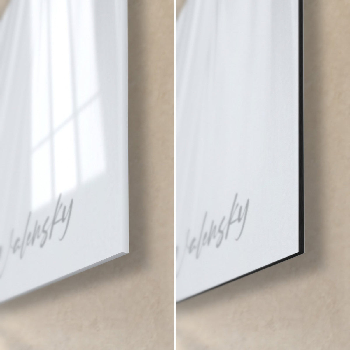 Wall art black coffee cup, bottom right corner: glossy acrylic glass with reflections on the left, matt black Dibond aluminium on the right, 3 mm thickness