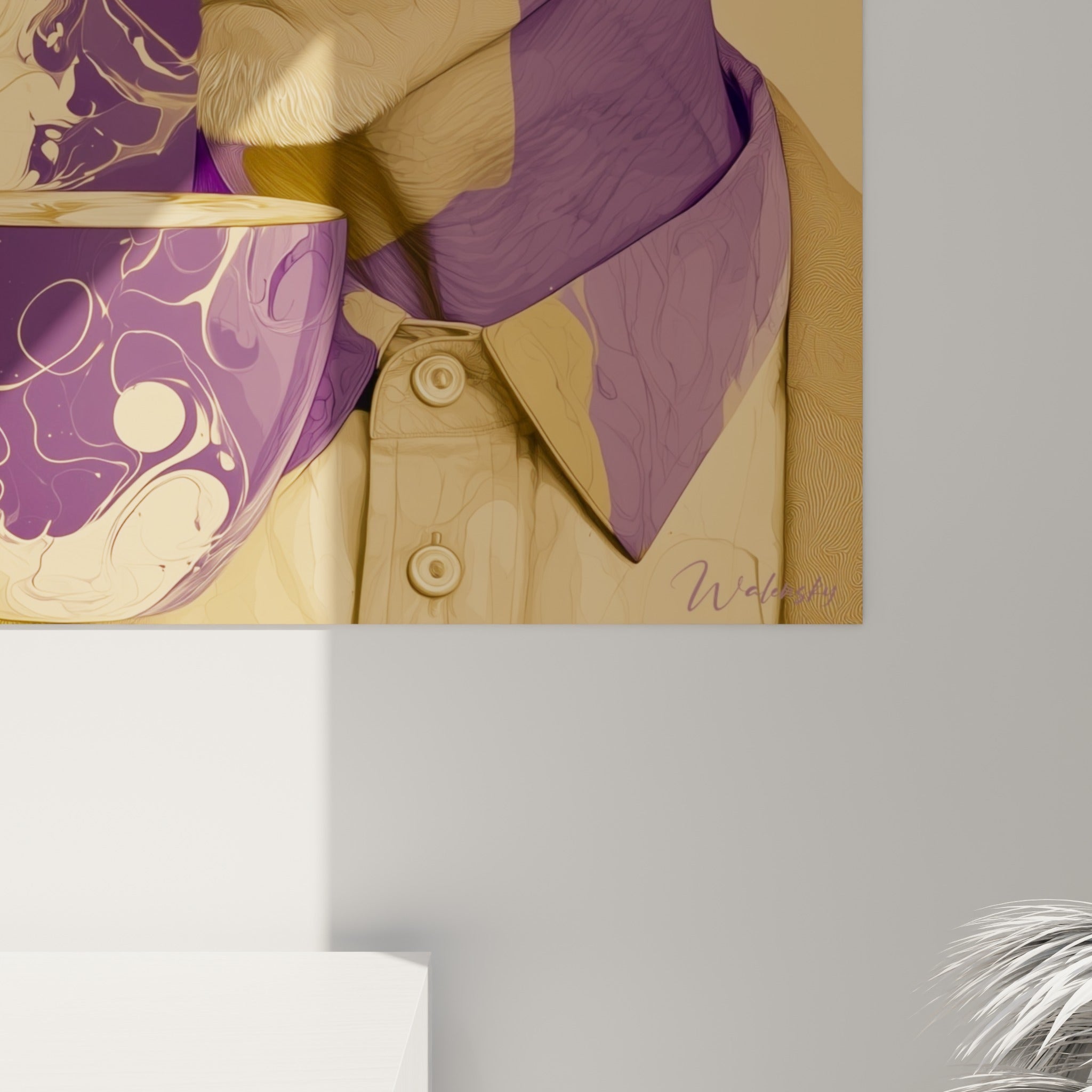 Détail des empâtements violets et beiges figurant la fumée de café sur cette œuvre graphique accrochée