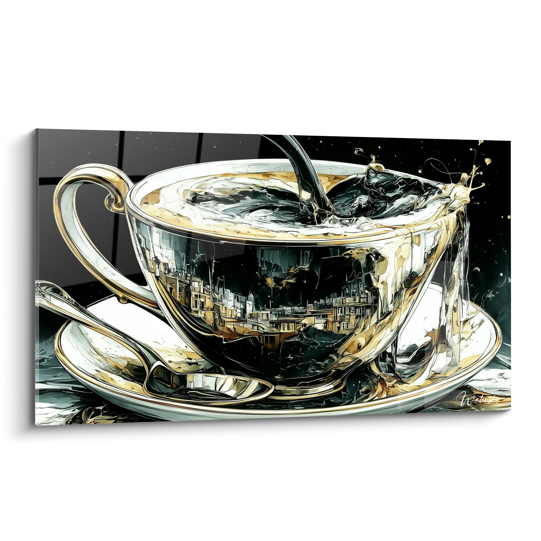 Tasse de café blanche et dorée avec éclaboussure noire figée en plein mouvement artistique