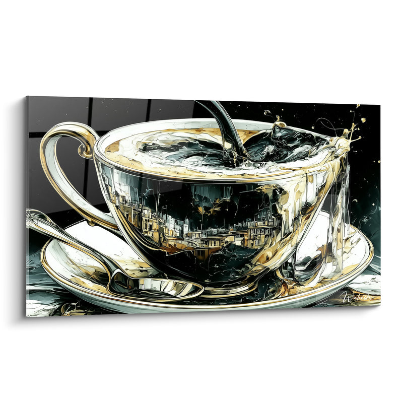 Tableau Tasse noire et dorée à la ville reflétée - Cité miniature immergée - Edition Café