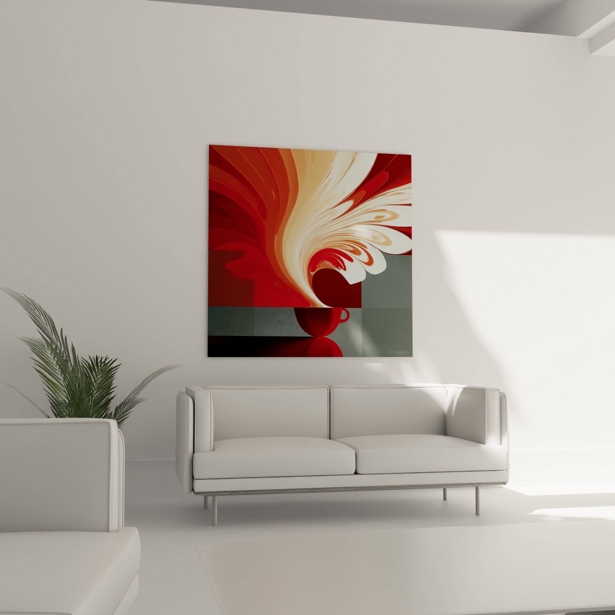 Éclaboussure blanche et rouge d'un café en mouvement domine un canapé dans un salon lumineux et épuré