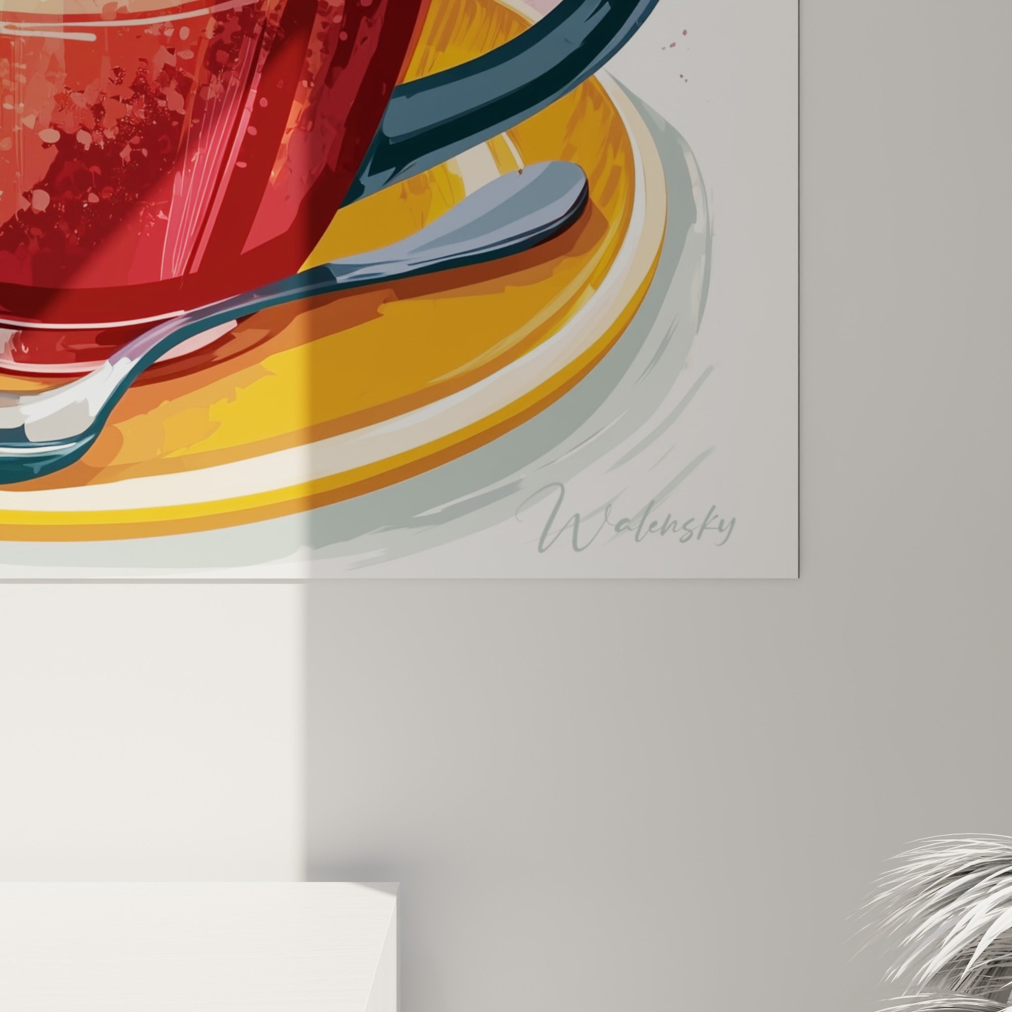 Détail rapproché des touches roses éclaboussées et de la mousse orangée sur ce tableau café coloré