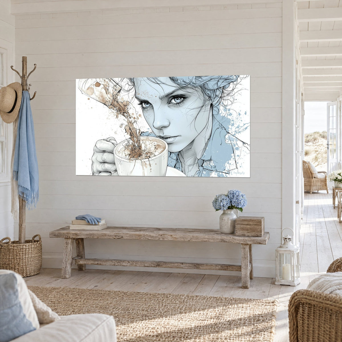 Tableau visage bleuté au regard intense, jet de café brun et éclaboussures bleues sur fond blanc, banc en bois patiné
