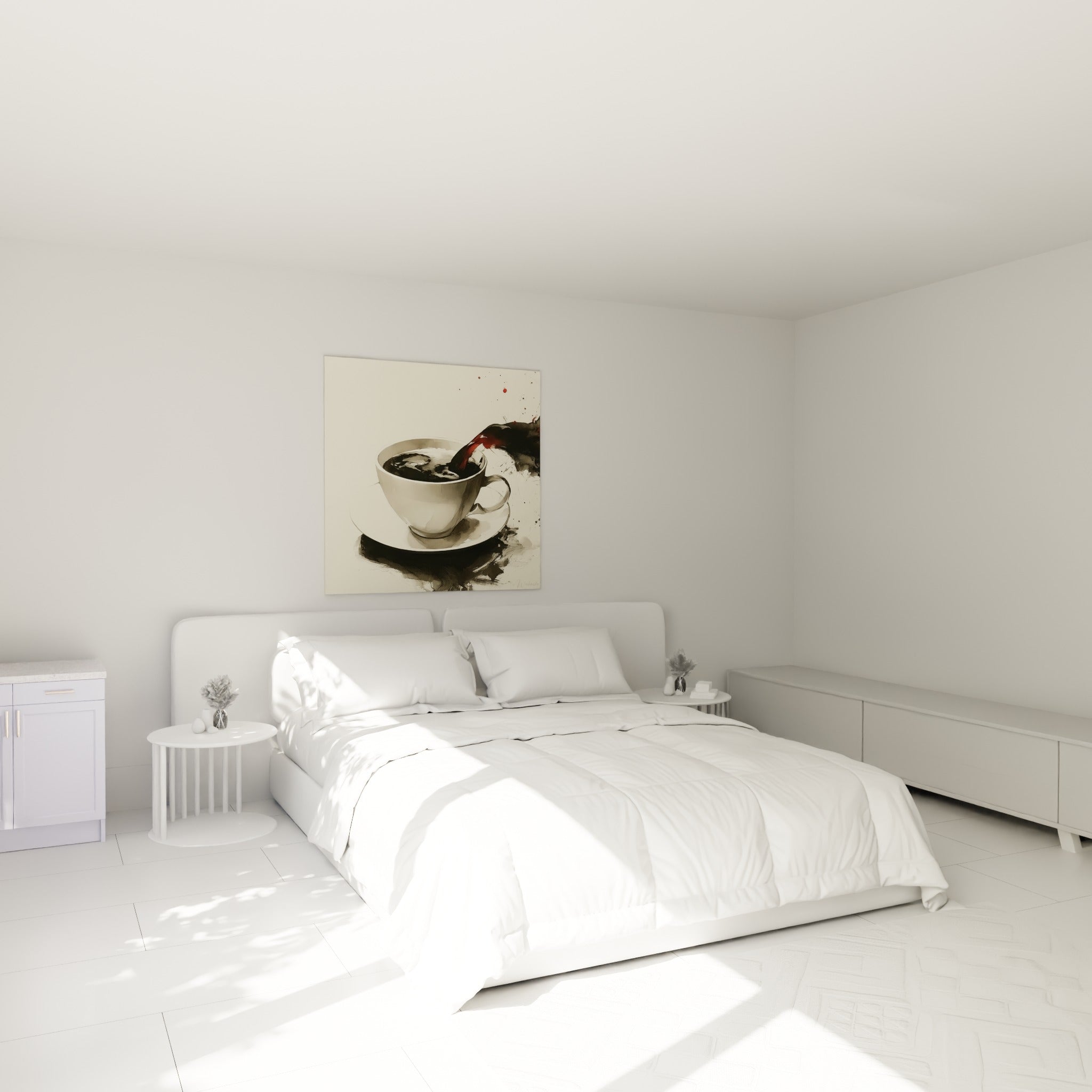 Éclaboussures écarlates et liquide noir dans une tasse blanche, tableau Café au-dessus d'un lit dans une chambre claire