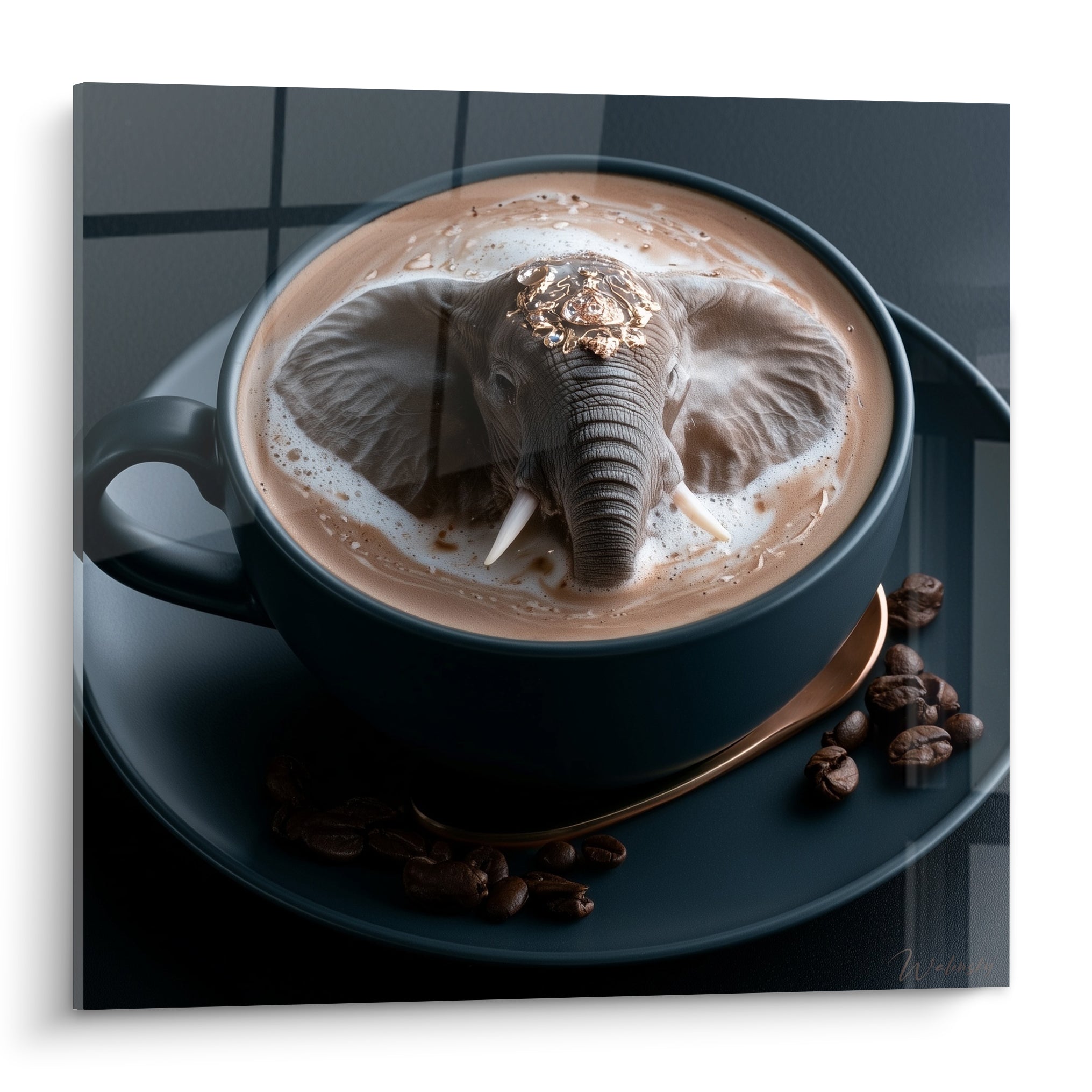 Éléphant gris orné d'un bijou doré émergeant d'une mousse crémeuse dans une tasse anthracite