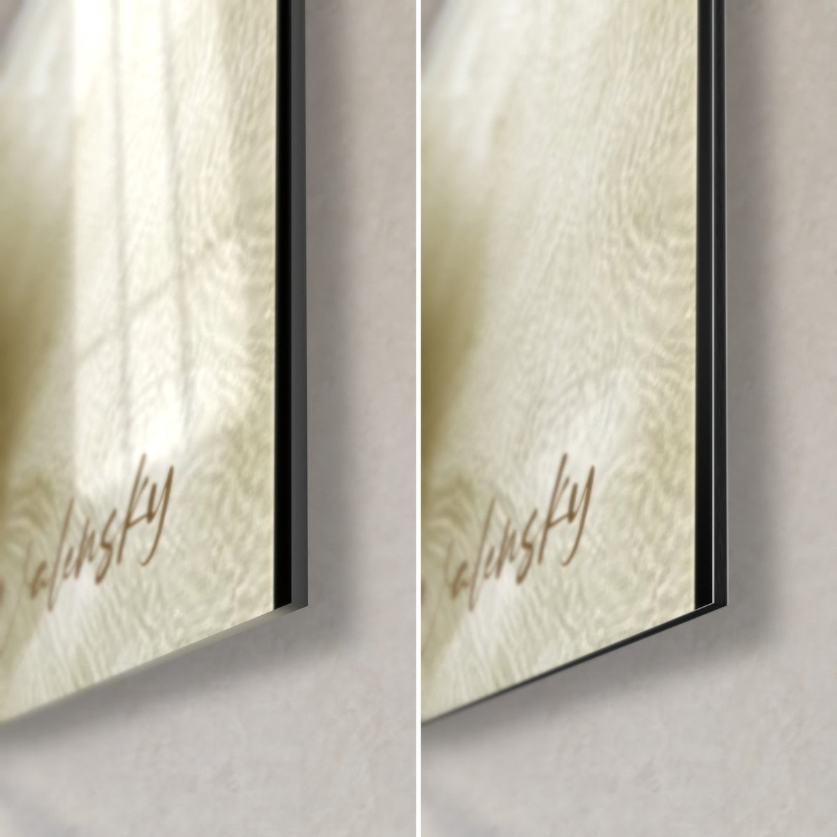 Quadro tazza di caffè, angolo in basso a destra: vetro lucido con riflessi, alluminio Dibond nero opaco, spessore 3 mm, firma Walensky