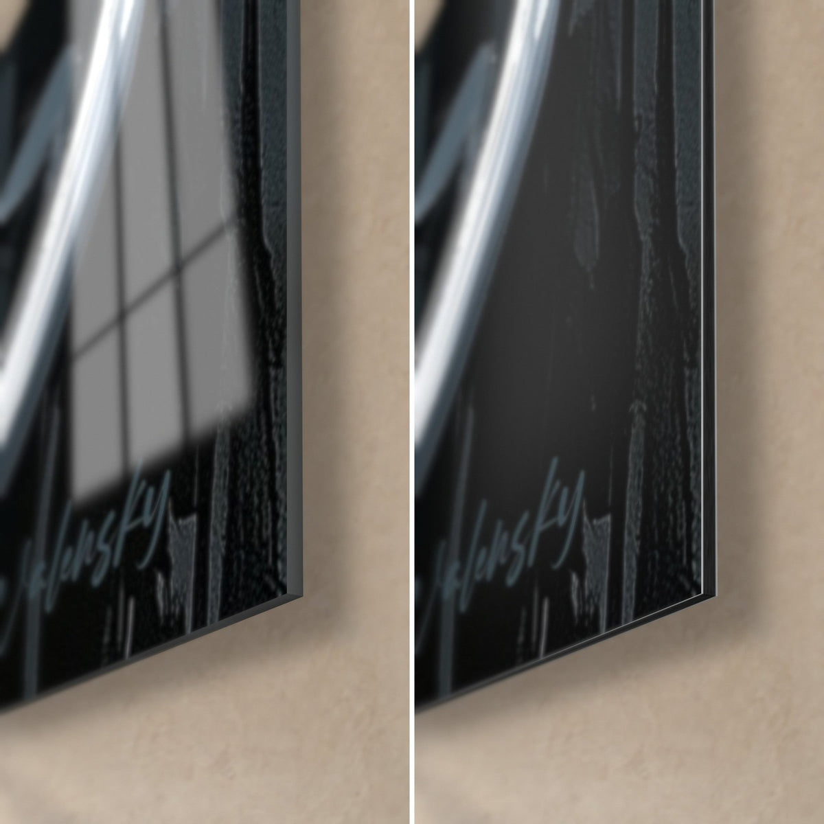 Quadro tazza nera con riflessi grigio argento, angolo in basso a destra: vetro acrilico lucido a sinistra, alluminio Dibond opaco a destra, spessore 3 mm