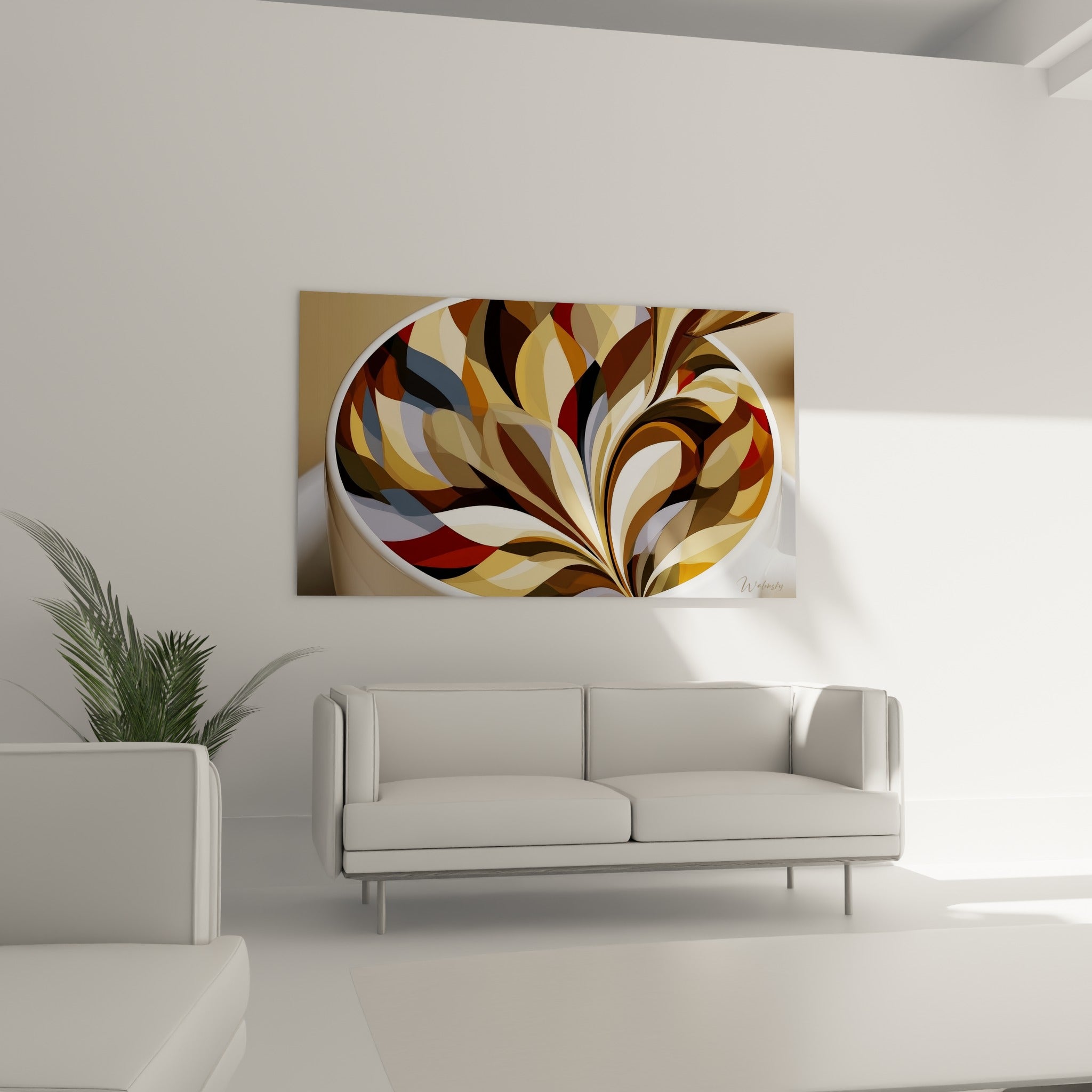 Pétales colorés fauve, ocre et rouge sombre d'une tasse de café, au-dessus d'un canapé dans un salon lumineux