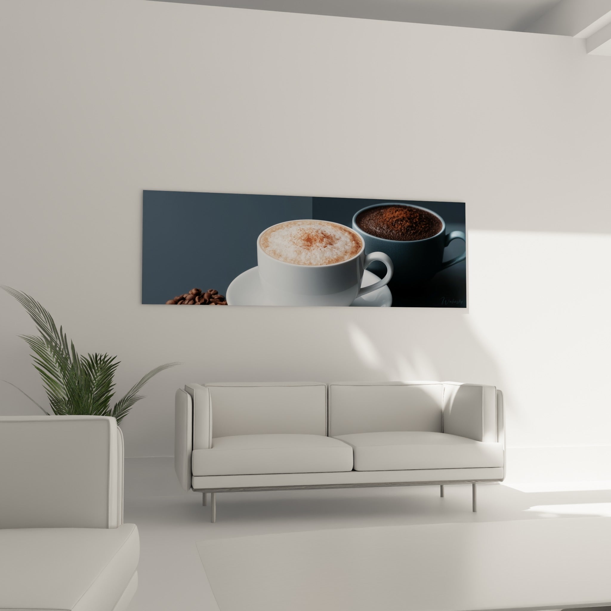Mousse beige et grains de café bruns illustrés au-dessus d'un canapé dans un salon lumineux