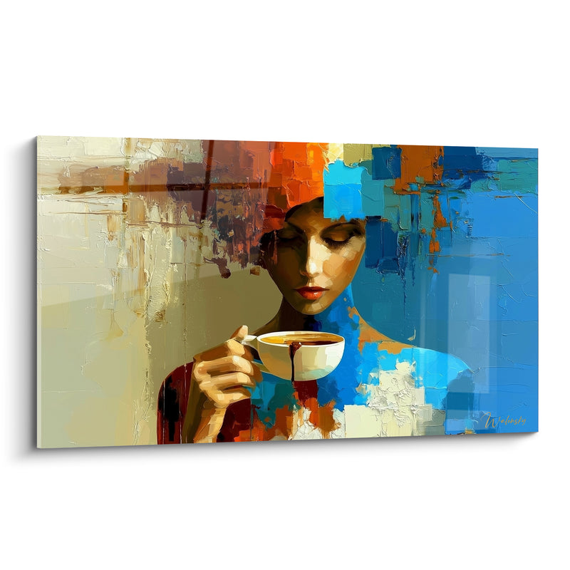 Tableau Femme bleue et orangée aux paupières closes savourant sa tasse - Coulure sur la main - Edition Café