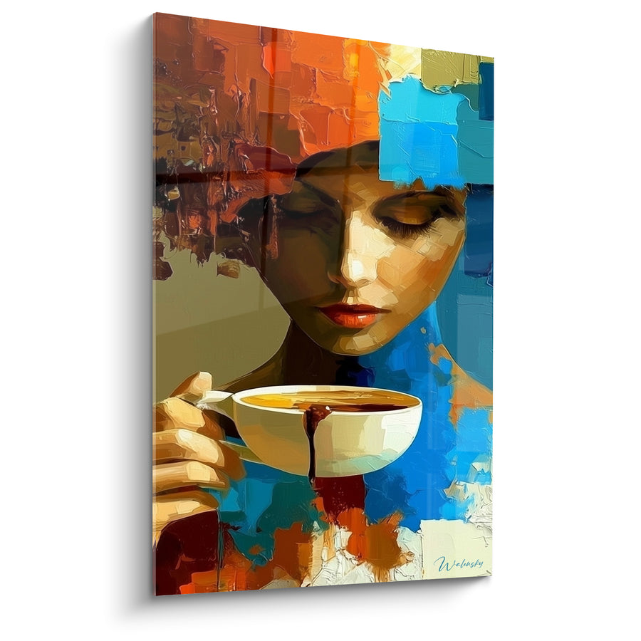 Tableau Femme buvant un café bleu orangé - Pause savourée - Edition Café