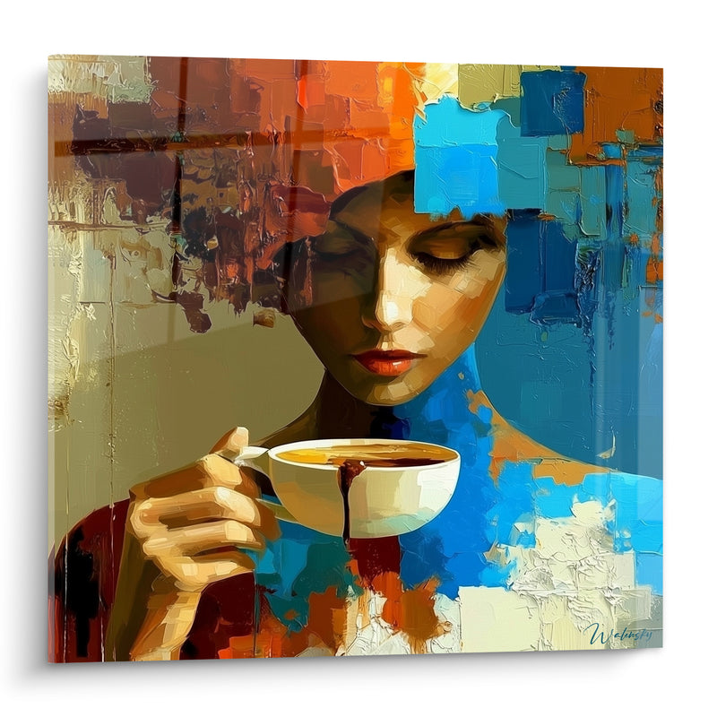 Tableau Femme bleue et orangée aux paupières closes - Coulure brune sur soucoupe - Edition Café