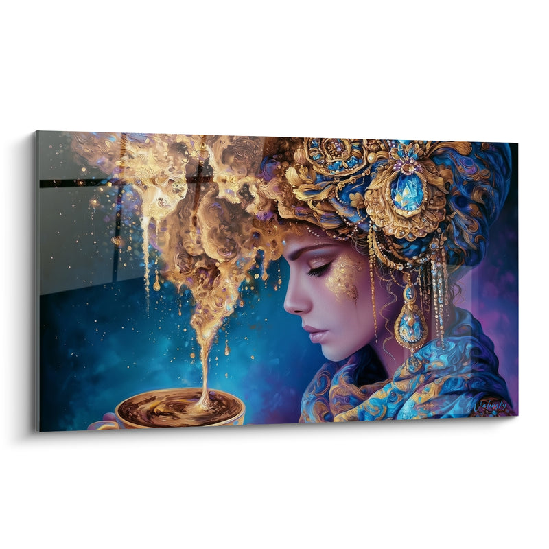 Tableau Femme couronnée dorée tenant une tasse fumante - Rituel doré - Edition Café