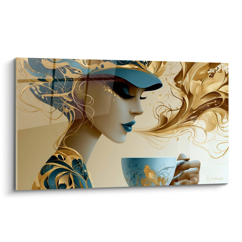 Tableau Femme dorée aux volutes bleu pétrole - Rêverie sensorielle - Edition Café