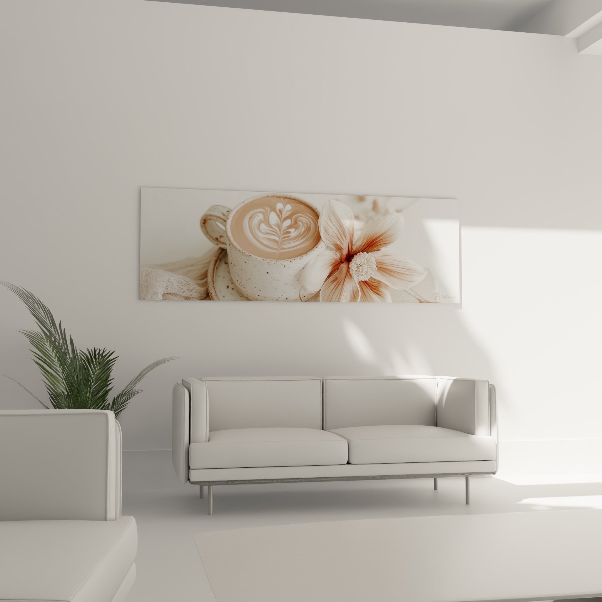 Mousse en cœur beige et pétales blancs veinés de terracotta, au-dessus d'un canapé dans un salon lumineux