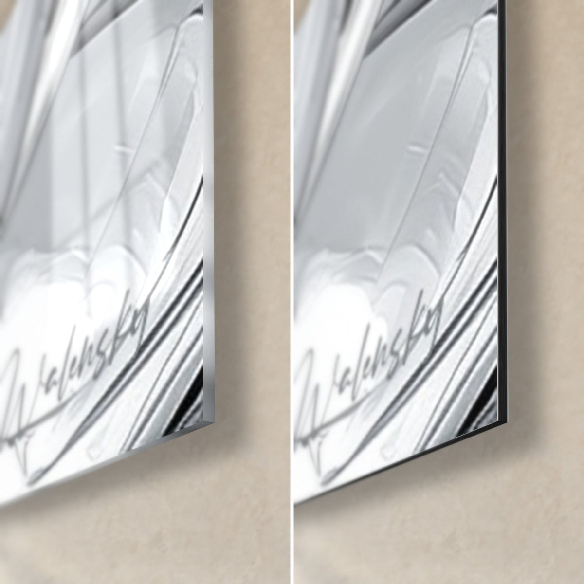 Gemälde eines Schnurrbartträgers mit dampfendem Kaffee, untere rechte Ecke: glänzendes Acrylglas links, mattgraues Dibond rechts, schwarze 3-mm-Kante