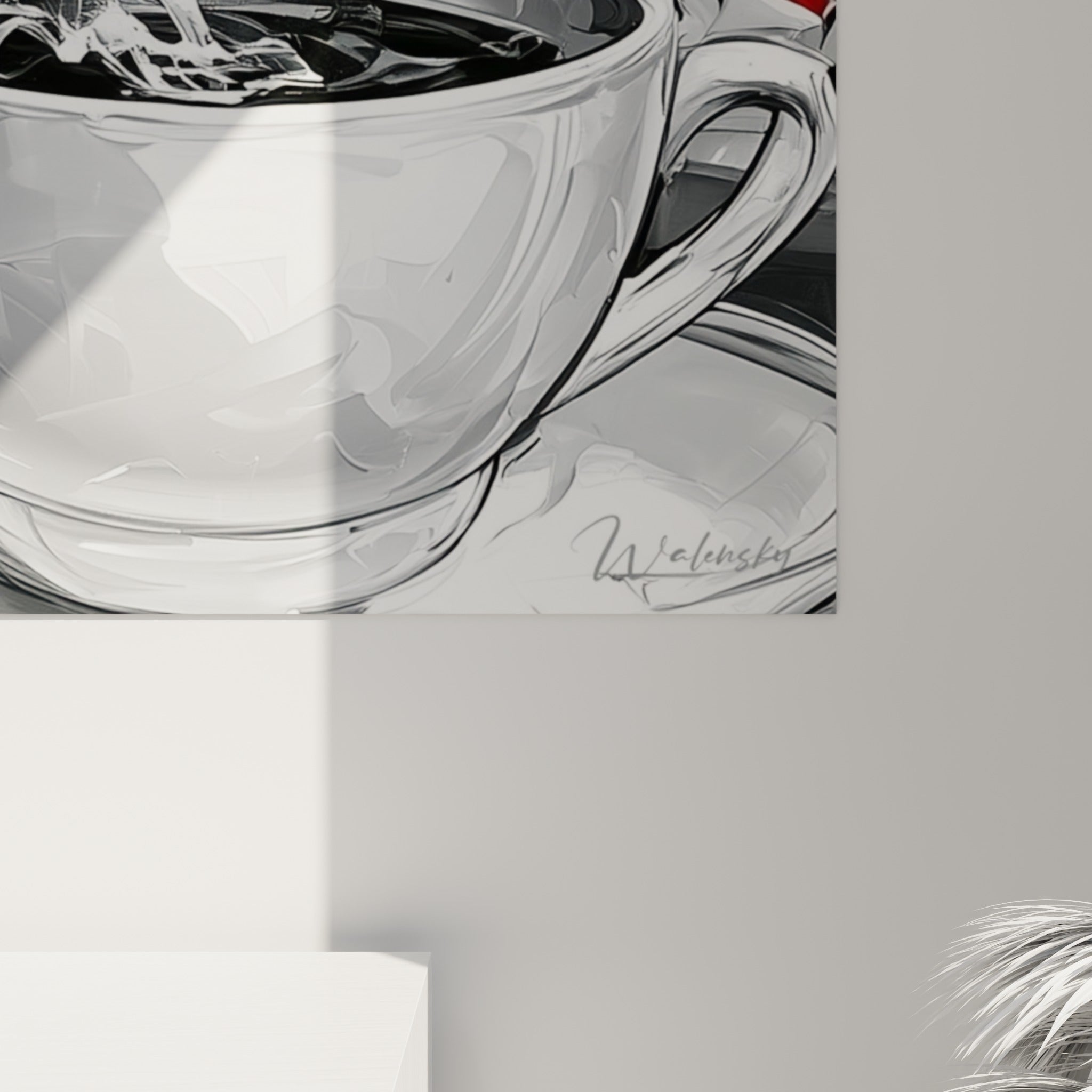 Empâtements du visage anthracite et coulures de fumée blanche autour de la tasse noire, détail du tableau café