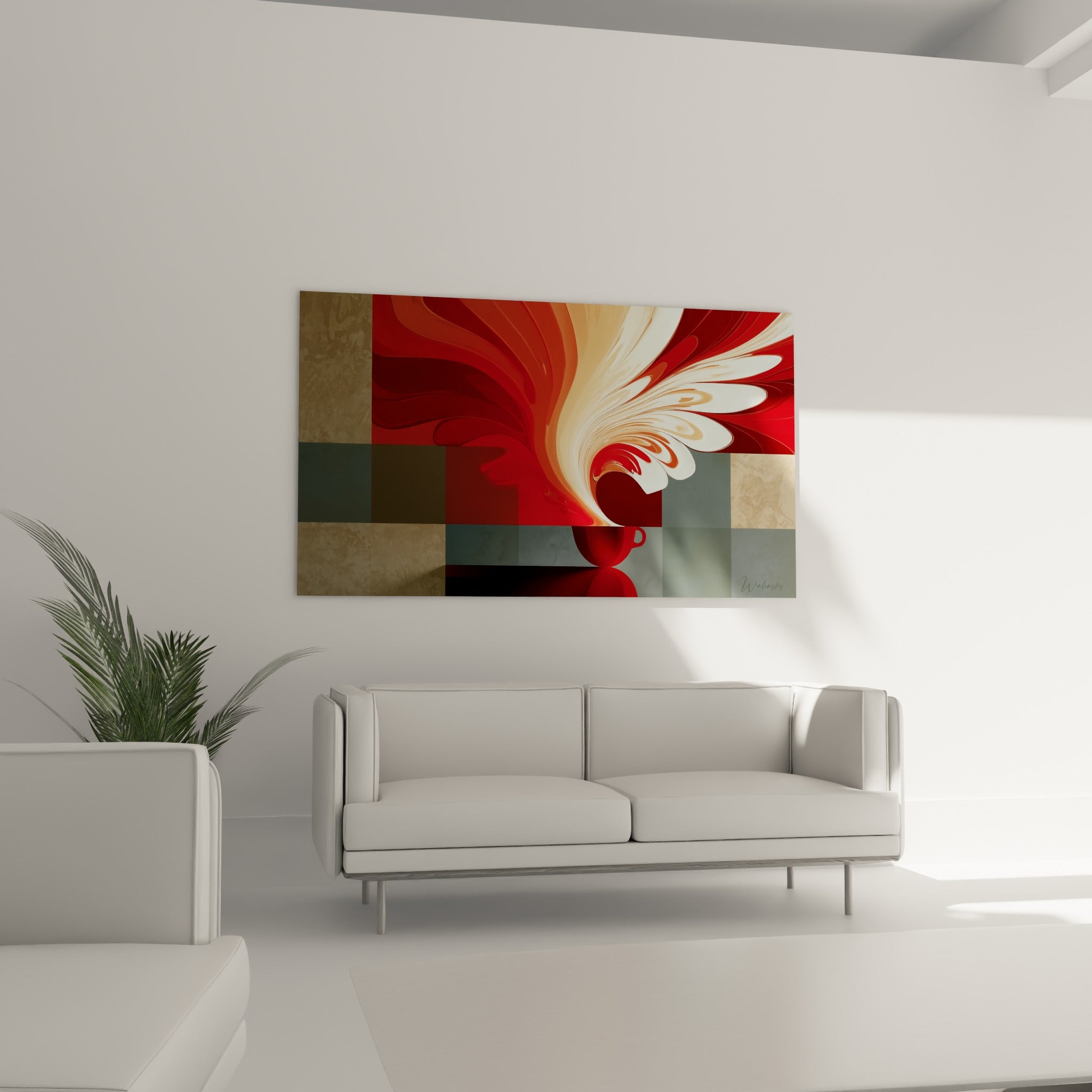 Composition graphique rouge et anthracite du tableau café, au-dessus d'un canapé dans un salon lumineux