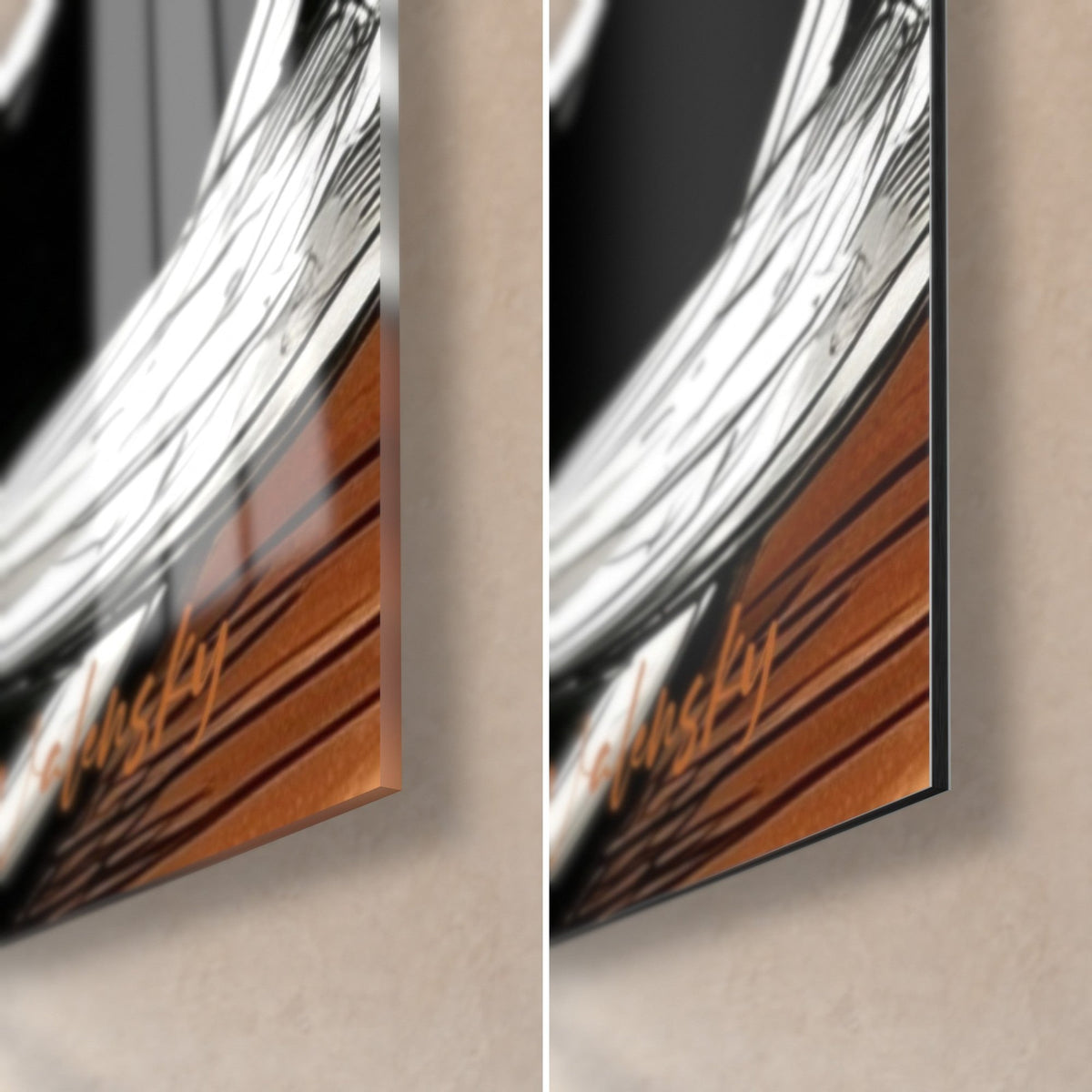 Quadro tazza nera con schiuma ramata, angolo in basso a destra: vetro acrilico lucido a sinistra, alluminio Dibond opaco marrone a destra, spessore 3 mm