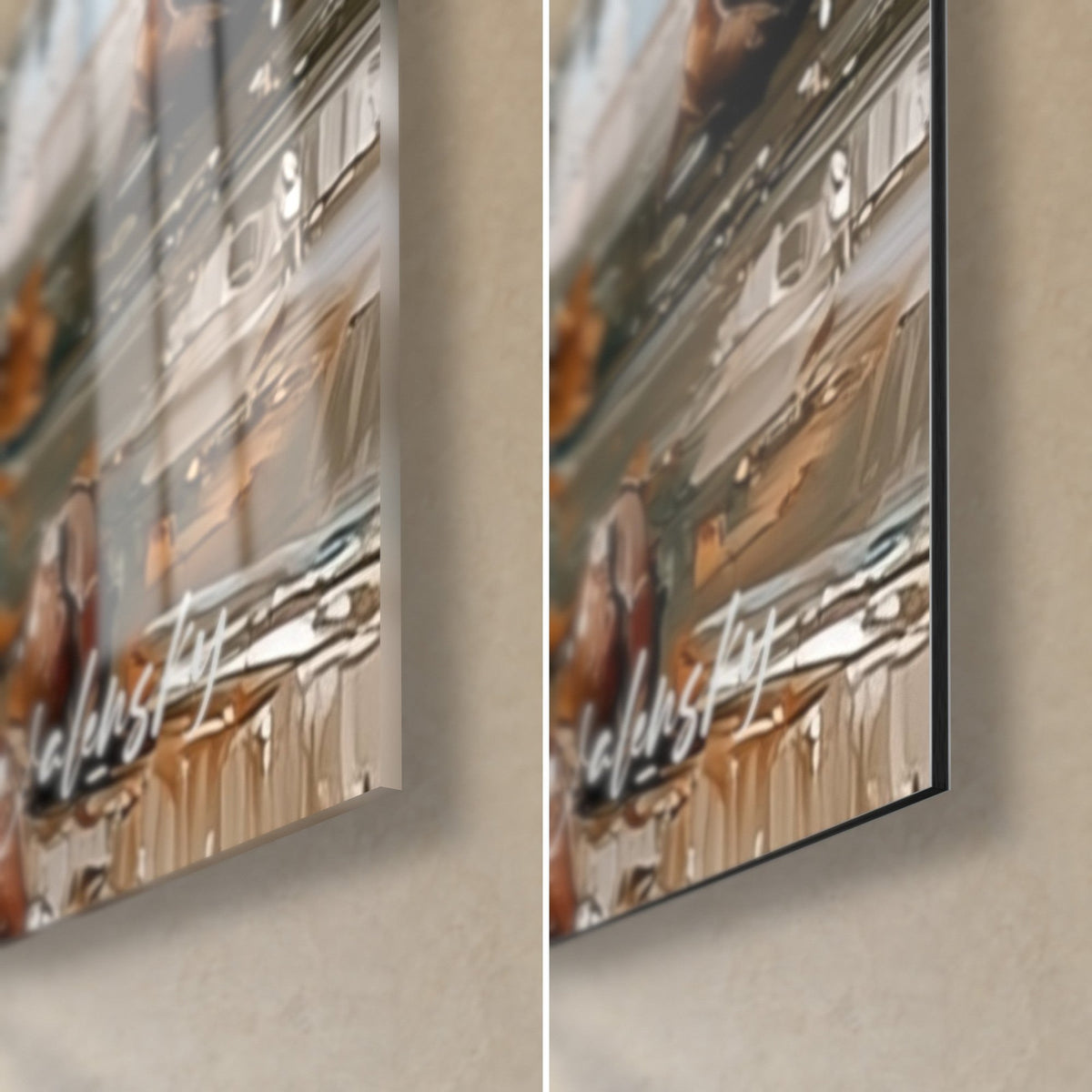Cuadro de una taza turquesa con café salpicando, esquina inferior derecha en cristal acrílico brillante y aluminio Dibond mate, canto de 3 mm visible