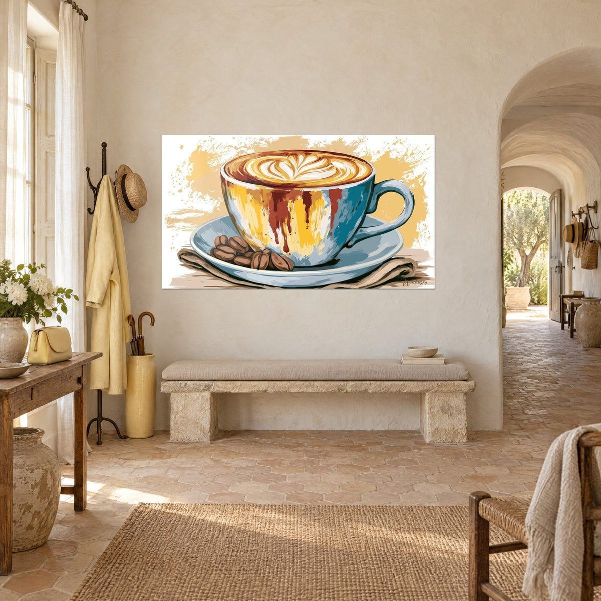 Quadro porcellana azzurro cielo striata di ocra e rosso mattone, su fondo crema, vista a tre quarti in un corridoio di casale