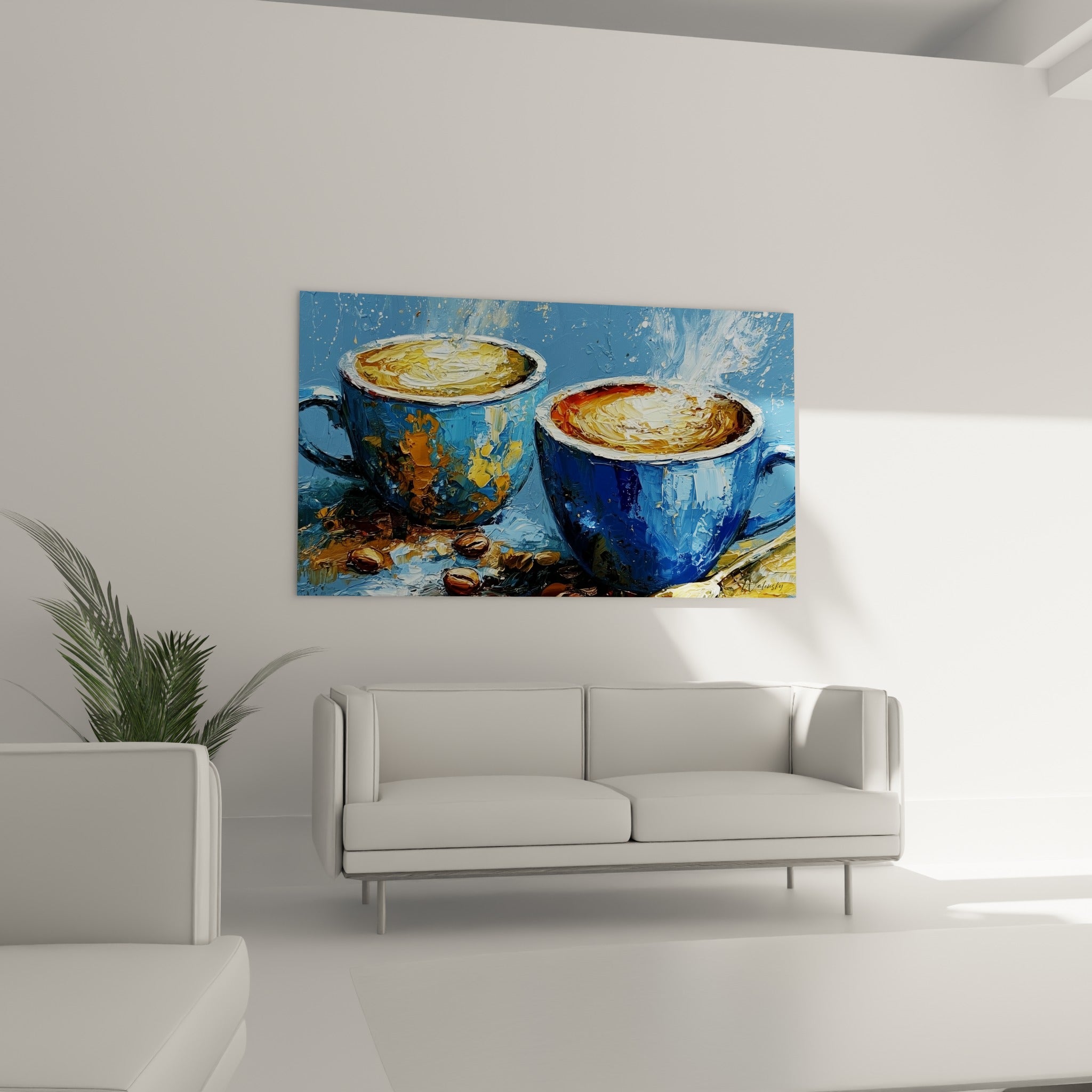 Scène de café bleu turquoise et doré aux empâtements texturés au-dessus d'un canapé dans un salon lumineux