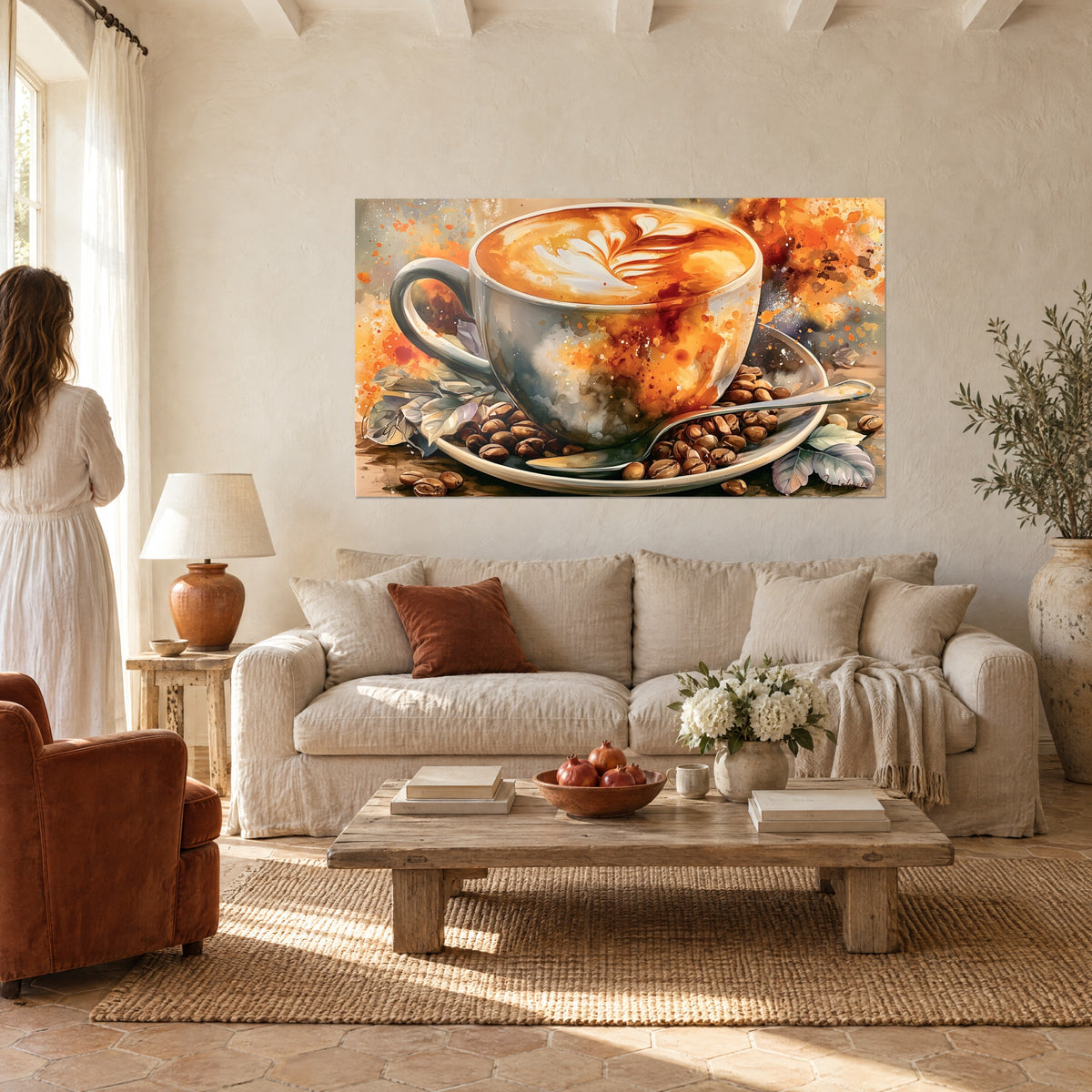 Πίνακας φλιτζάνι latte art με φτερό, πορτοκαλί και γκρι, κεχριμπαρένιες πιτσιλιές, πάνω από καναπέ σε φωτεινό σαλόνι