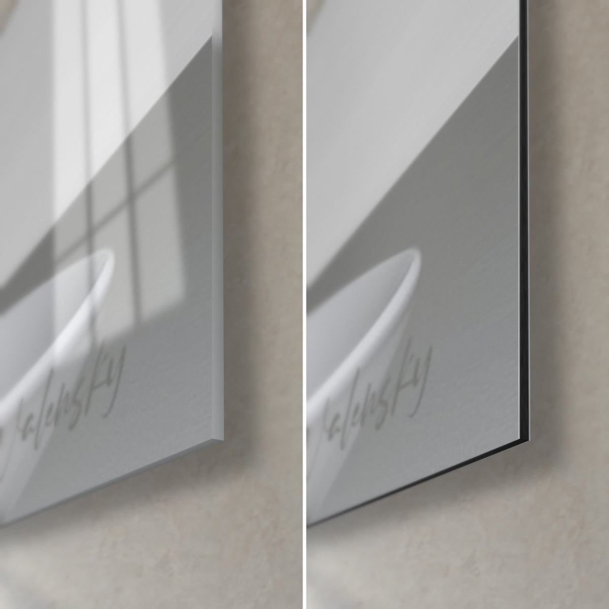 Tableau colibri en grains de café, coin bas droit : verre acrylique brillant aux reflets, alu Dibond noir mat, tranche de 3 mm