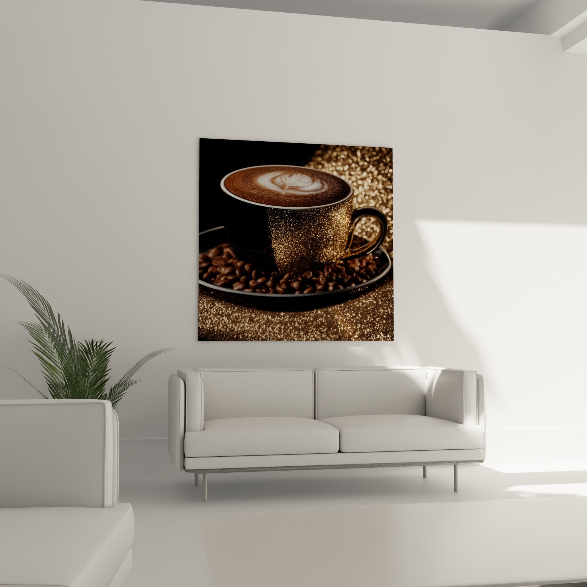Grains de café bruns et tasse scintillante dorée, au-dessus d'un canapé dans un salon lumineux
