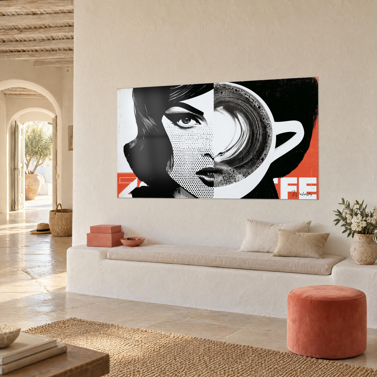 Πίνακας pop art πορτρέτο μισό από τελείες ημιτονικής απόδοσης και μισό από μαύρο δινωτό καφέ, λευκό και πορτοκαλί, σε τοίχο από λευκό σοβά