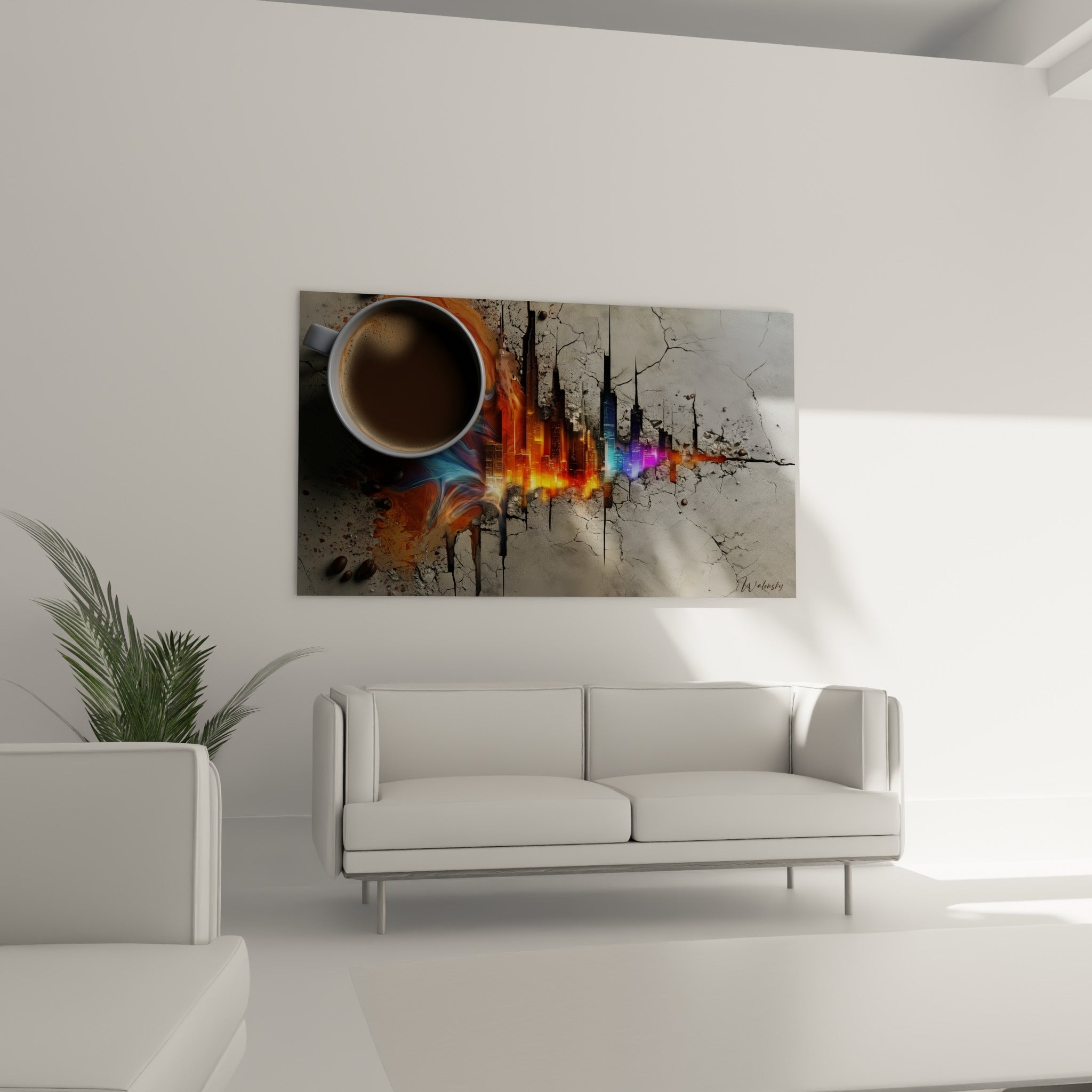 Ville miniature orangée et bleu électrique surgissant d'une tasse au-dessus d'un canapé dans un salon lumineux