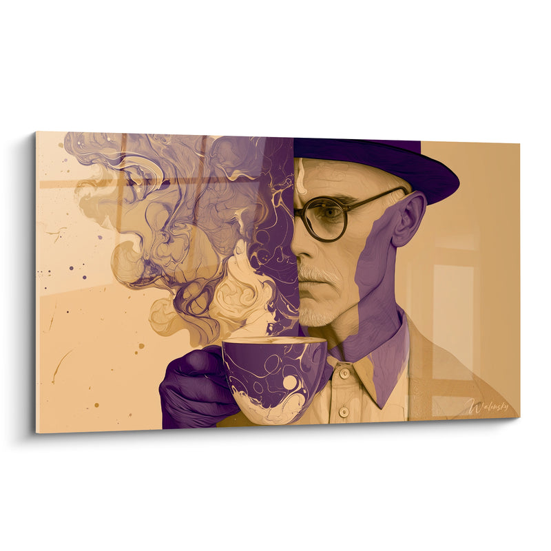 Tableau Homme au chapeau et tasse violette - Pause pensive - Edition Café