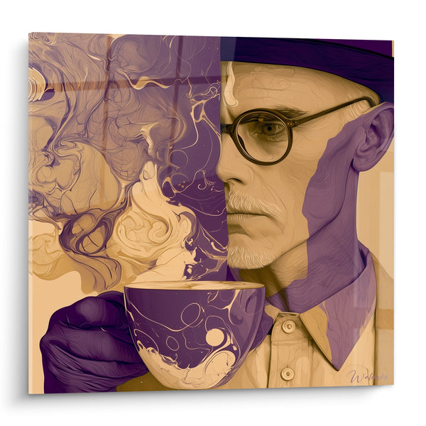 Bicolor Violet and Beige Man Painting with Round Glasses - Swirling Marbled Smoke - Café Edition