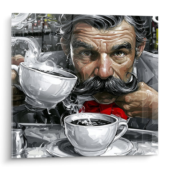 Bearded Man with Mustache in Red Bow Tie - Morning Ritual - Café Edition