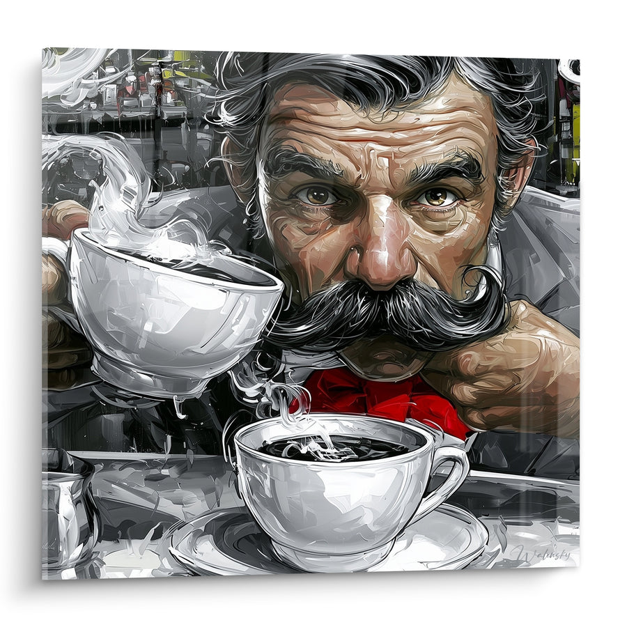 Gemälde Bärt mit Schnurrbart und roter Fliege - Morgendliche Routine - Kaffee Edition